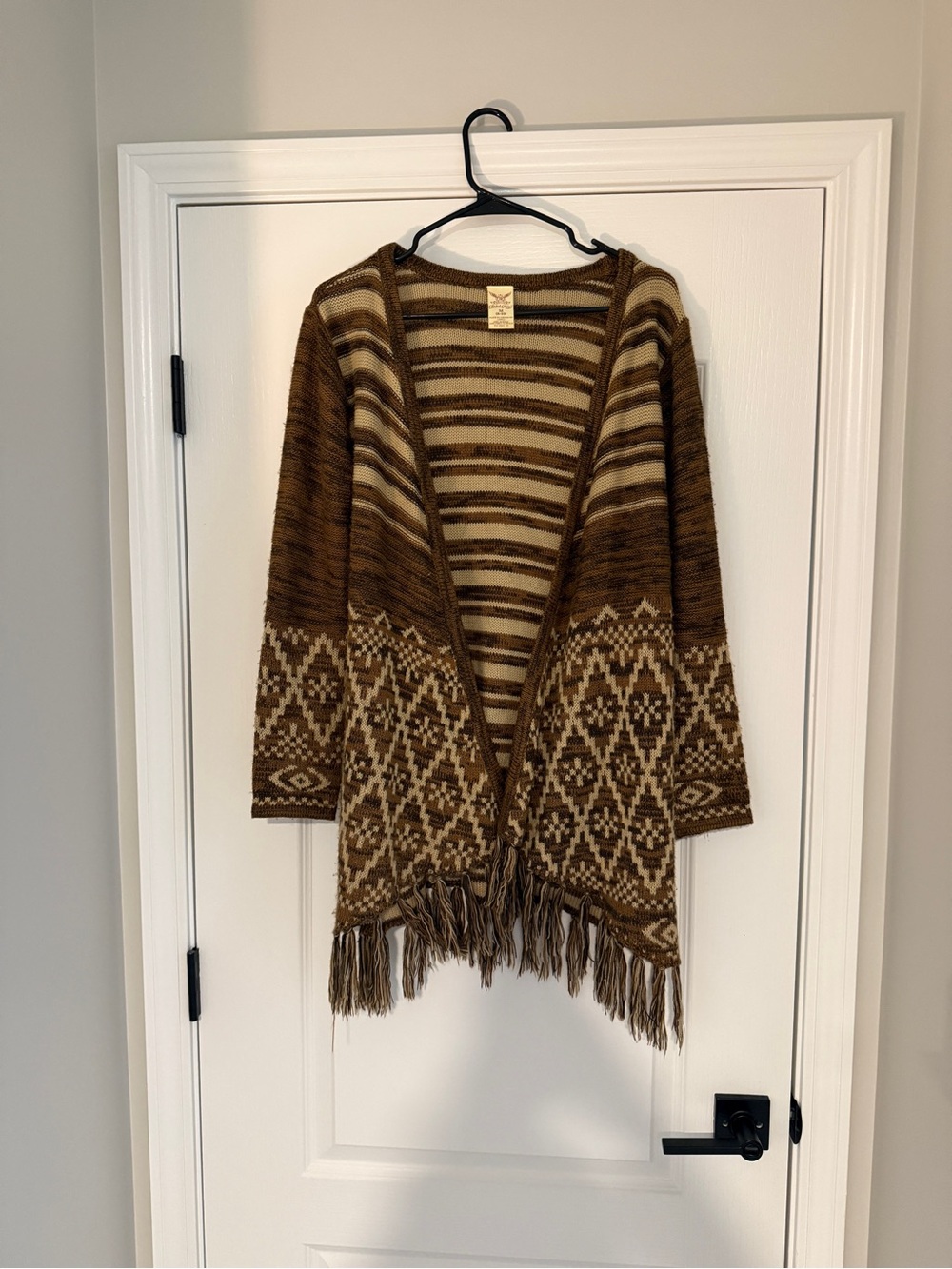 Faded Glory Brown & Cream Fringed Open-Front Knit Poncho Cardigan